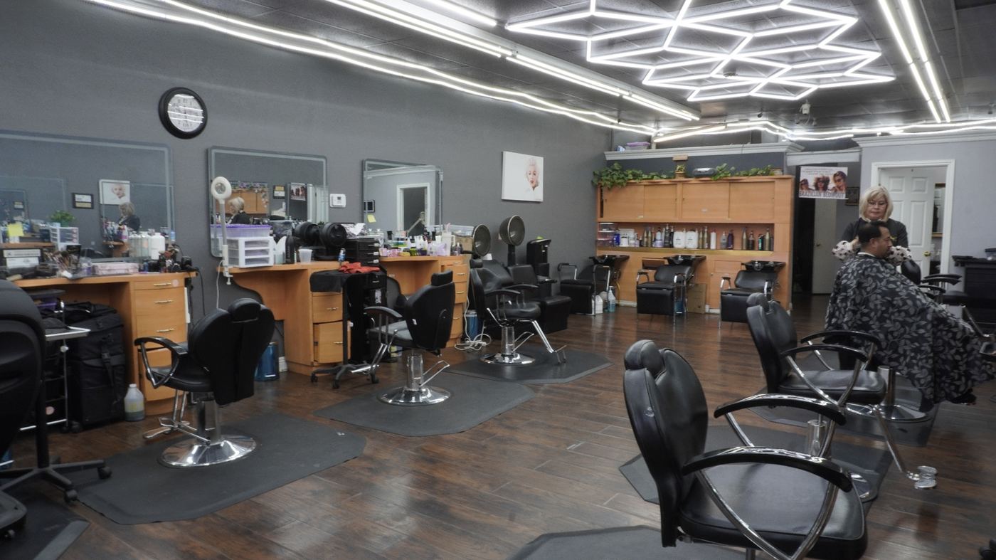 Beauty salon side with color stations